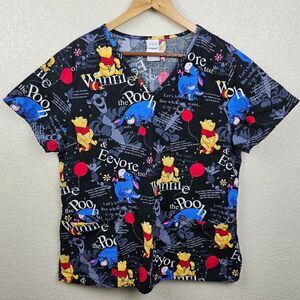 Disney Women's Large Winnie the Pooh Eeyore Black 3 Pocket Scrub Top Colorful